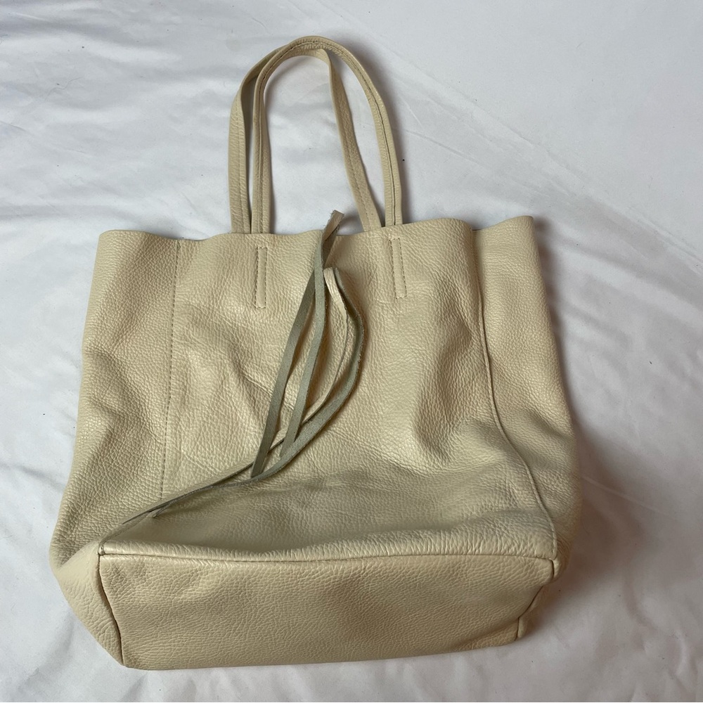 Bone Pebbled Leather Open Top Tote Purse Handbag Two Handle Coin Pouch Boho